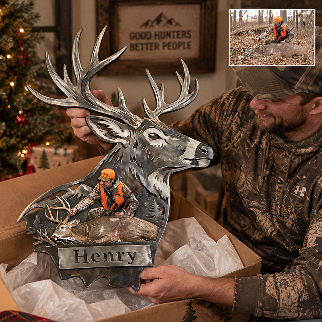 Personalized Custom Photo Middle-Aged Hunter with Deer 3D Cut Metal Sign Hunting Decor
