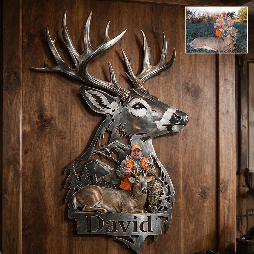 Personalized Custom Photo Middle-Aged Black Hunter with Deer 3D Cut Metal Sign Hunting Wall Decor
