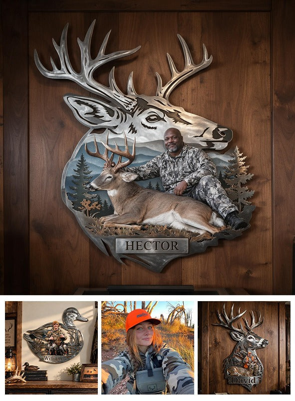 Personalized Custom Photo Middle-Aged Black Hunter with Deer 3D Cut Metal Sign Hunting Wall Decor