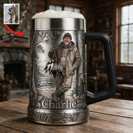 Personalized Middle-Aged Duck Hunter Beer Stein Hunting Gift