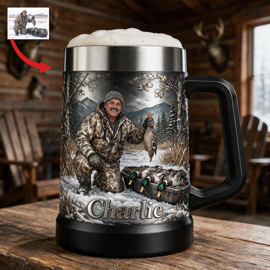 Mug à bière personnalisé pour chasseur de canards latino d'âge moyen