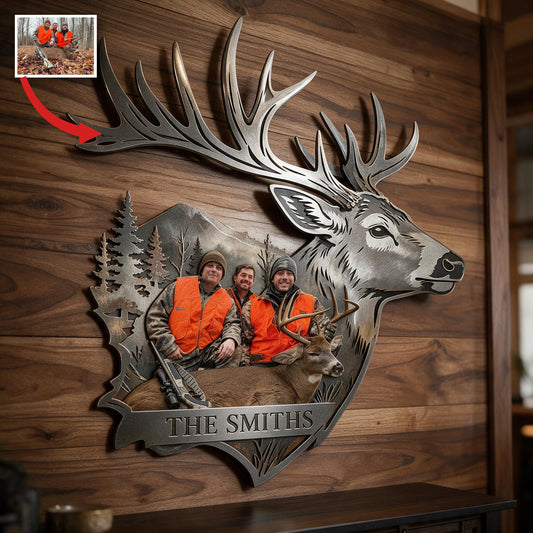 Panneau en métal découpé 3D personnalisé avec photo de groupe de chasse et cerf