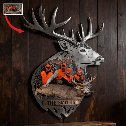 Panneau Métallique Décoratif Personnalisé Photo de Chasse en Famille avec Cerf 3D