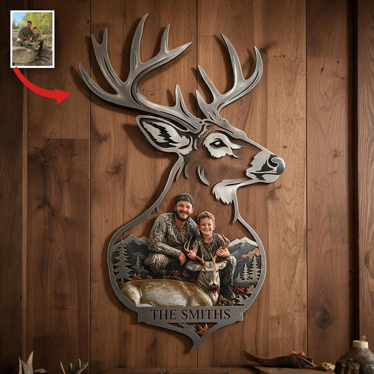 Panneau Métallique Décoratif Personnalisé Photo Chasseur et Enfant avec Cerf 3D