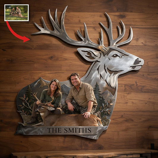 Panneau Métallique Décoratif Personnalisé Couple de Chasse d'Âge Moyen avec Cerf