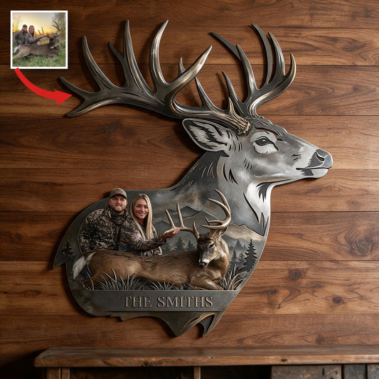 Panneau Métallique Décoratif Personnalisé Couple Chasseur avec Cerf 3D