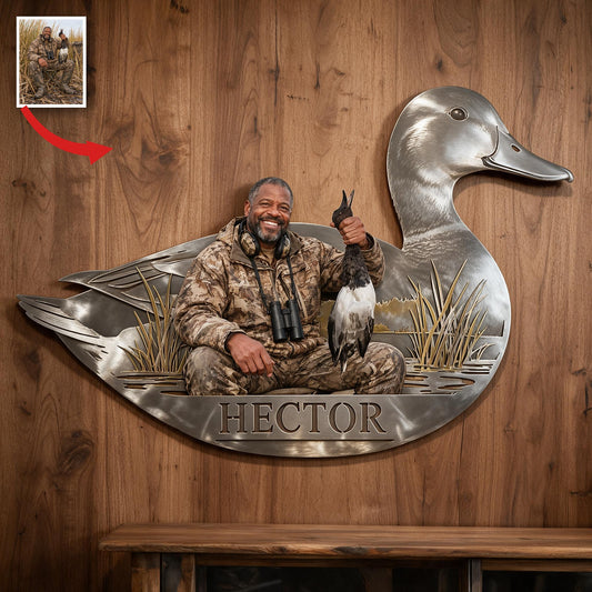 Personalized Custom Photo Middle-Aged Black Duck Hunter 3D Cut Metal Sign Hunting Decor