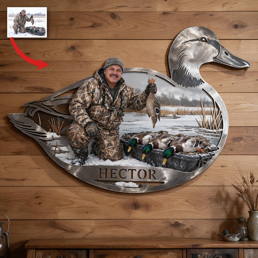Personalized Custom Photo Middle-Aged Latino Duck Hunter 3D Cut Metal Sign Hunting Decor