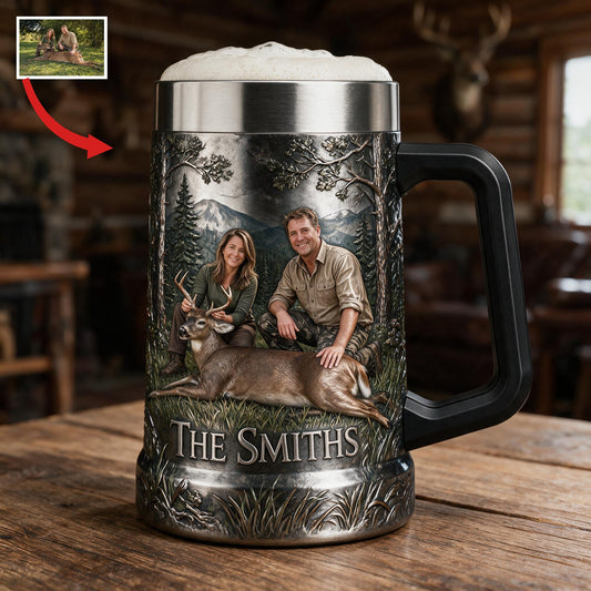 Personalized Custom Photo Middle-Aged Hunting Couple with Deer Beer Stein Hunting Gift