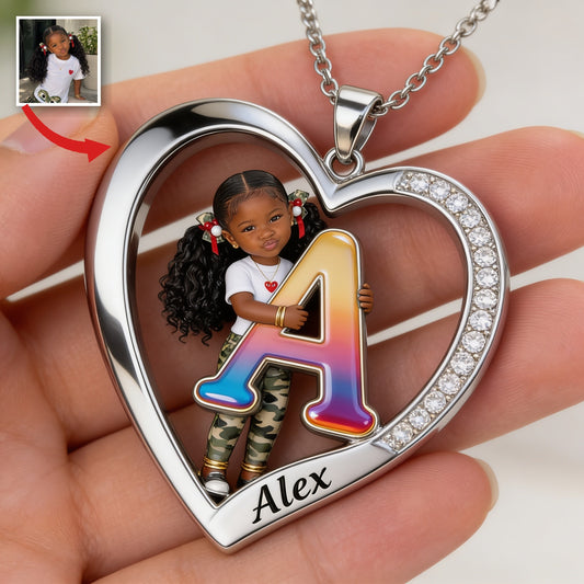 Personalized Custom Photo Black Little Girl Heart Pendant Necklace, Daughter Granddaughter Niece Gift