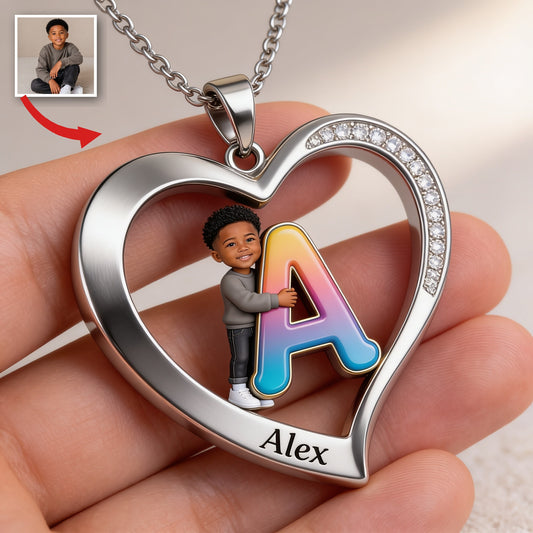 Personalized Custom Photo Black Little Boy Heart Pendant Necklace Keepsake Gift for Son Grandson