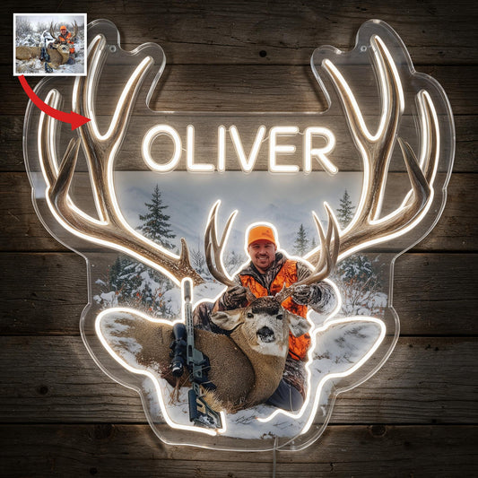 Personalized Middle-Aged Hunter with Deer Neon LED Light Sign Hunting Decor