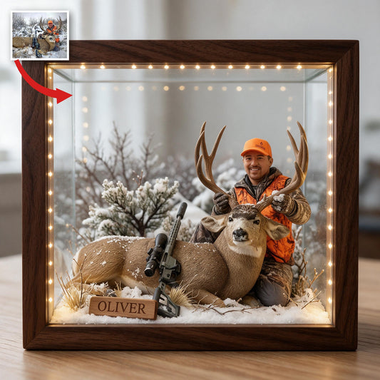 Personalized Custom Photo Middle-Aged Hunter with Deer Wooden Frame LED Light Hunting Gift