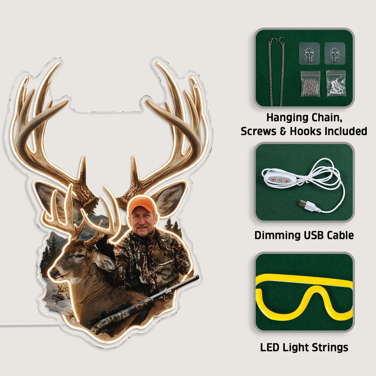 Personalized Custom Photo Hunting Couple with Deer Neon LED Light Sign Cabin Decor
