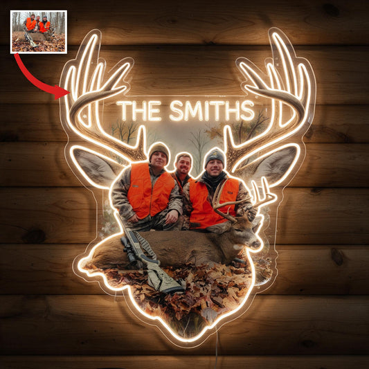 Personalized Custom Photo Hunting Group with Deer Neon LED Light Sign Hunting Cabin Decor