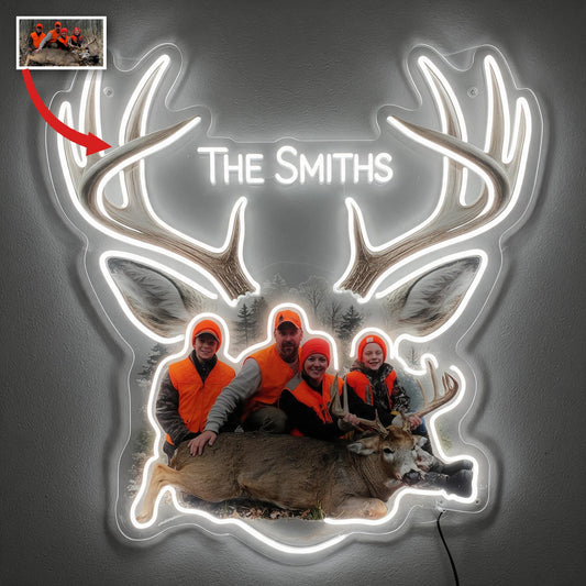 Personalized Custom Photo Hunting Family with Deer Neon LED Light Sign Wall Decor