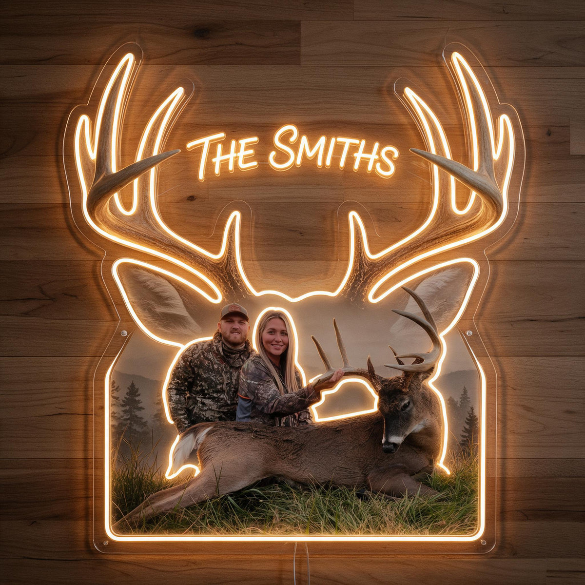 Personalized Custom Photo Hunting Couple with Deer Neon LED Light Sign Cabin Decor