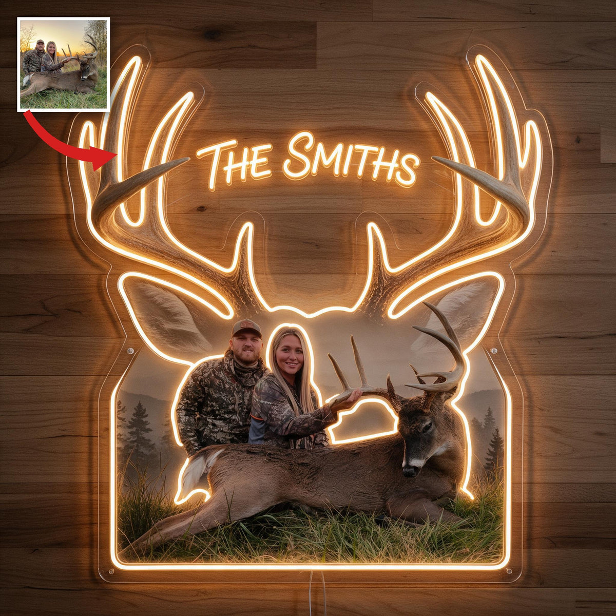 Personalized Custom Photo Hunting Couple with Deer Neon LED Light Sign Cabin Decor