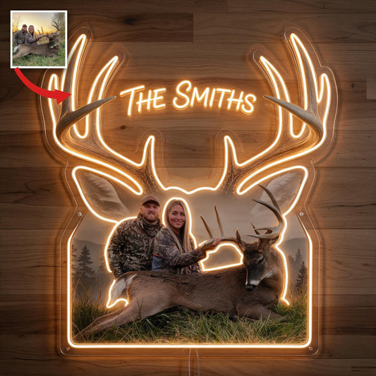 Personalized Custom Photo Hunting Couple with Deer Neon LED Light Sign Cabin Decor