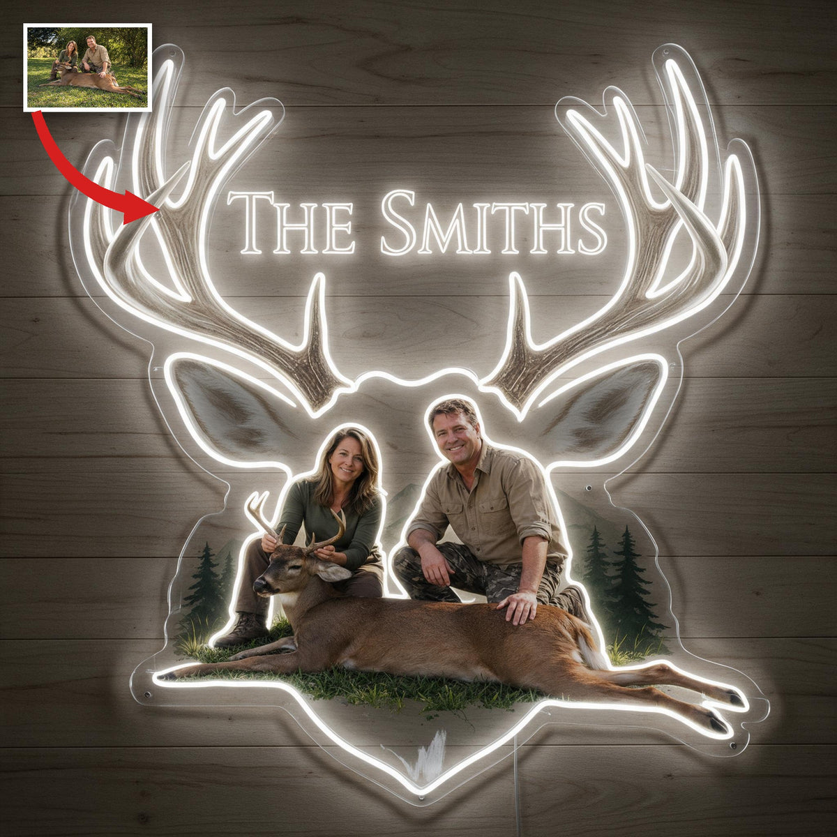 Personalized Custom Photo Middle-Aged Hunting Couple with Deer Neon LED Light Sign Hunting Decor