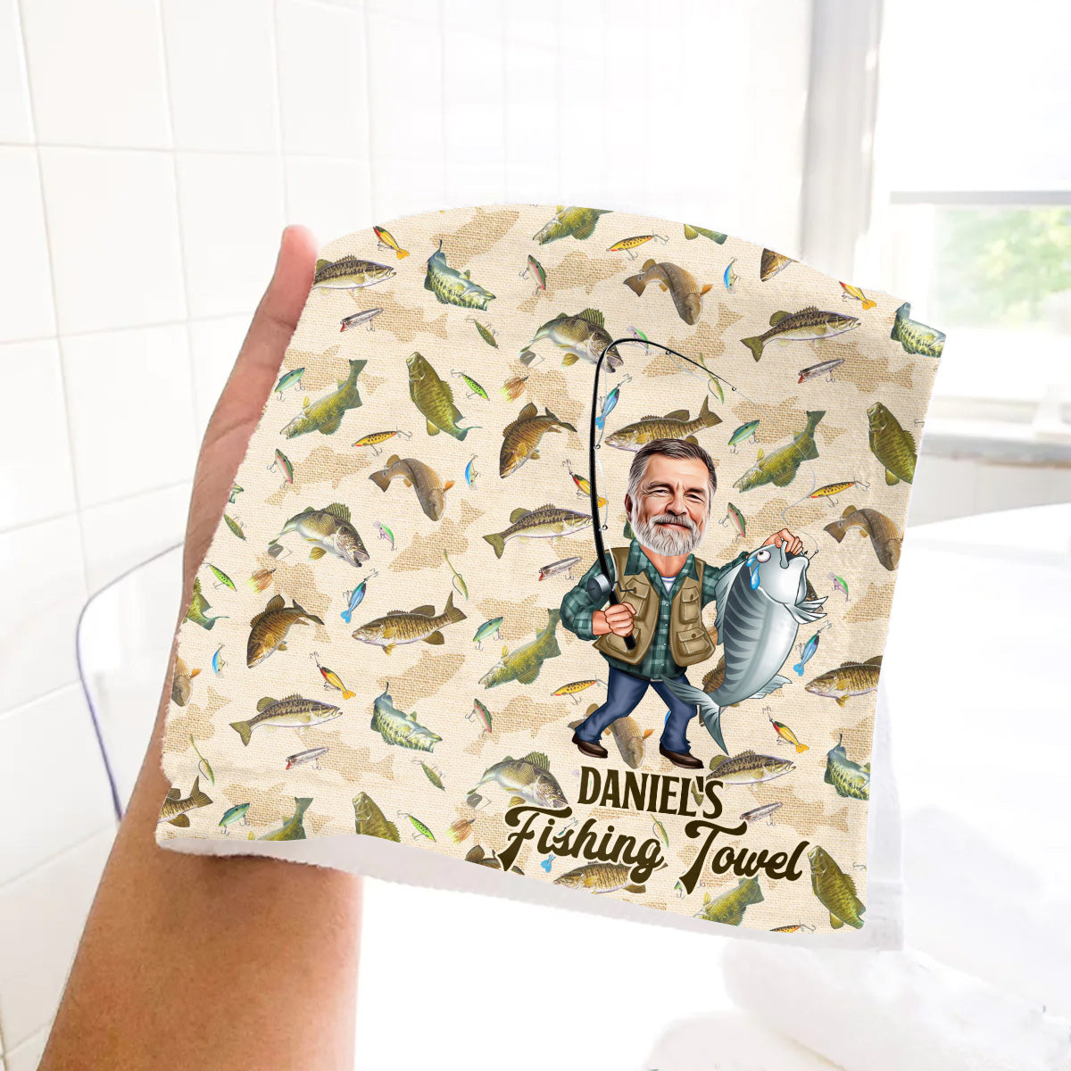 Serviette de pêche personnalisée avec photo humoristique - Serviette de pêche humoristique