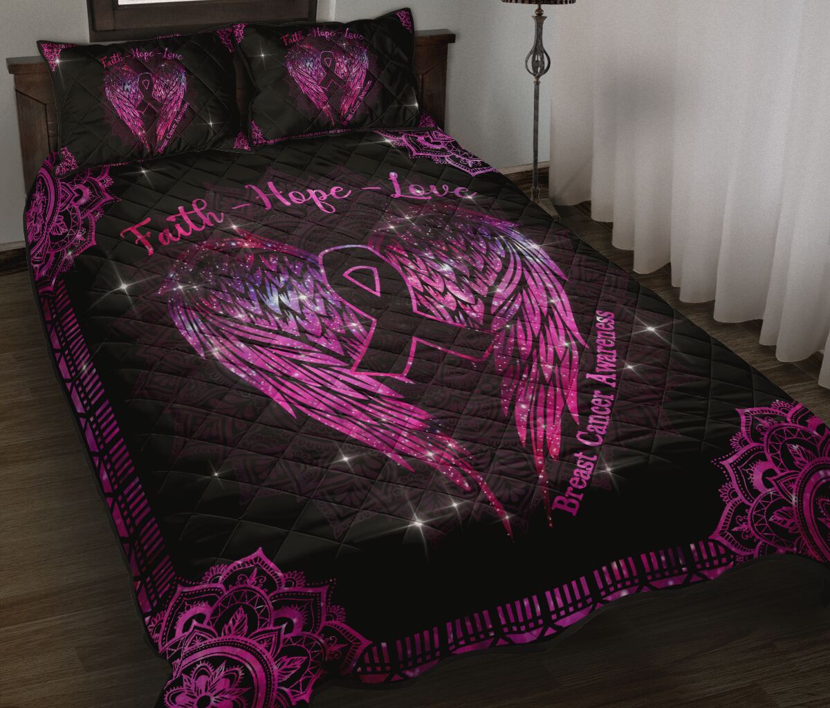 Ensemble de courtepointe de sensibilisation au cancer du sein Foi, Espoir et Amour 0622