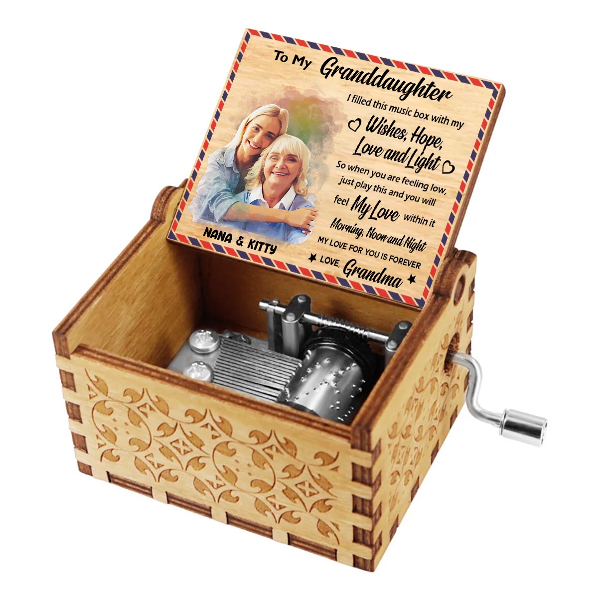 À ma petite-fille, ma fille, ma maman, ma grand-mère, mon mari, ma femme - Boîte à musique à manivelle personnalisée pour grand-mère