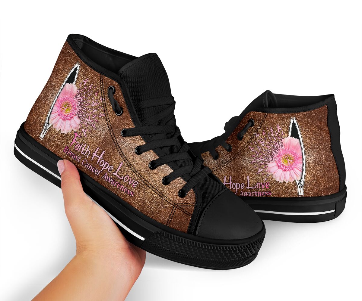 Faith Hope Love - Breast Cancer Awareness High Top Shoes With Leather Pattern Print 0622