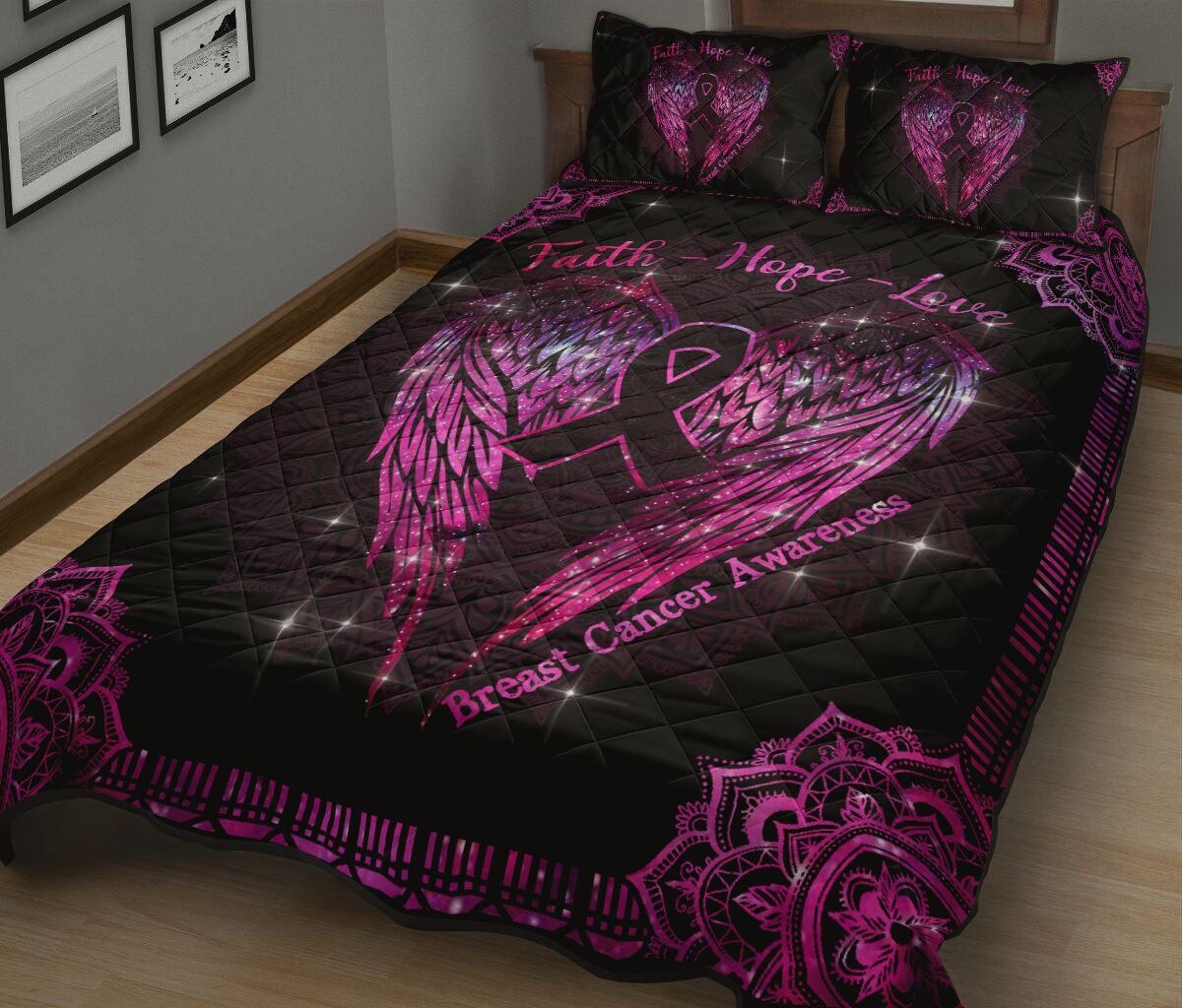 Ensemble de courtepointe de sensibilisation au cancer du sein Foi, Espoir et Amour 0622