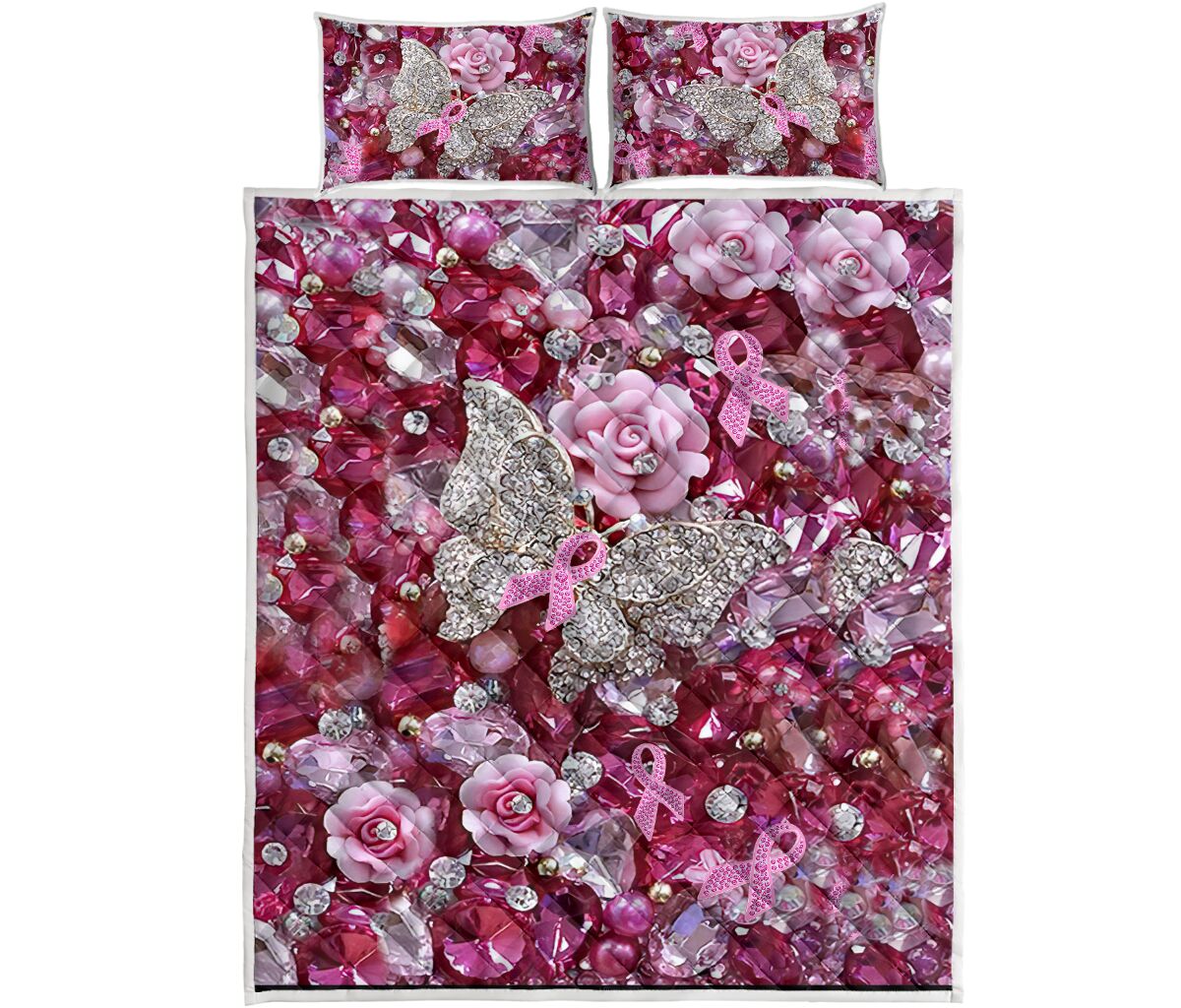 Pink Warrior Pattern Print Breast Cancer Awareness  Quilt Set 0622