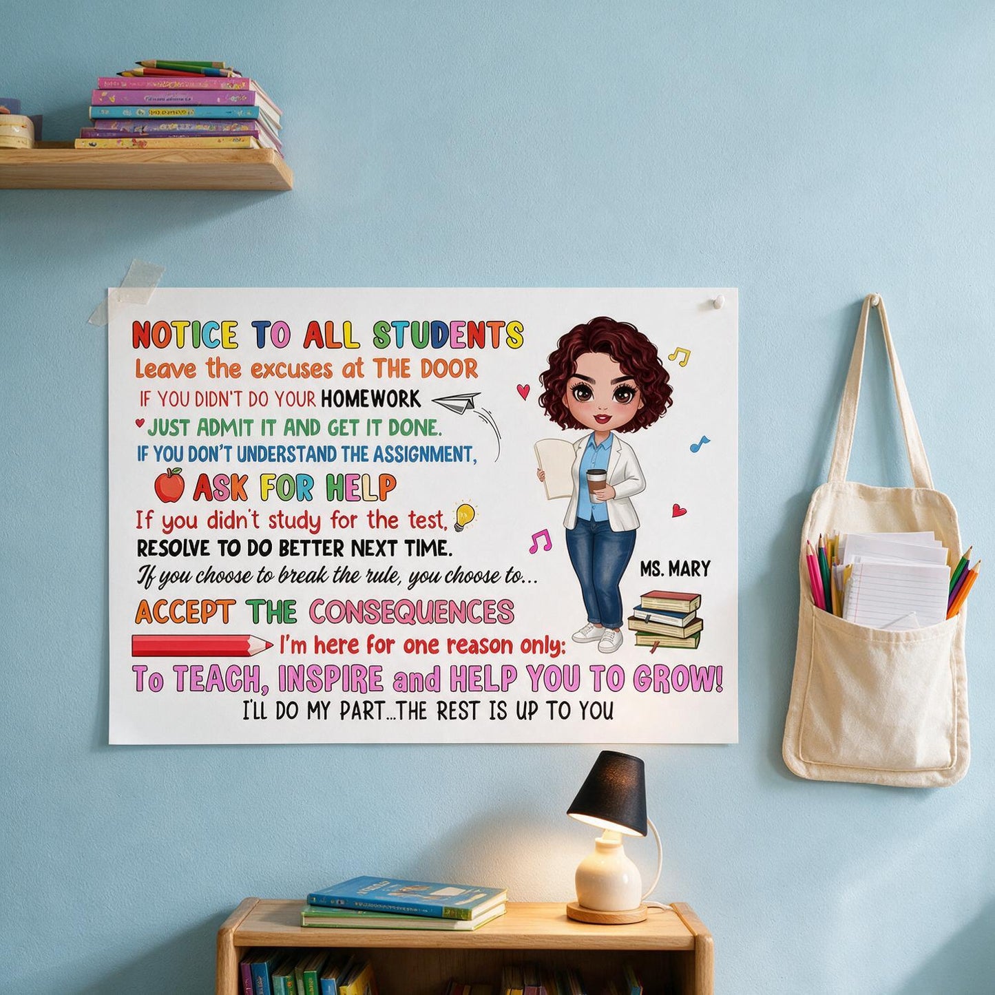 Personalized Notice To All Students Horizontal Poster, Doll Style Teacher Classroom Rules Wall Decor, Back To School Teacher Gift
