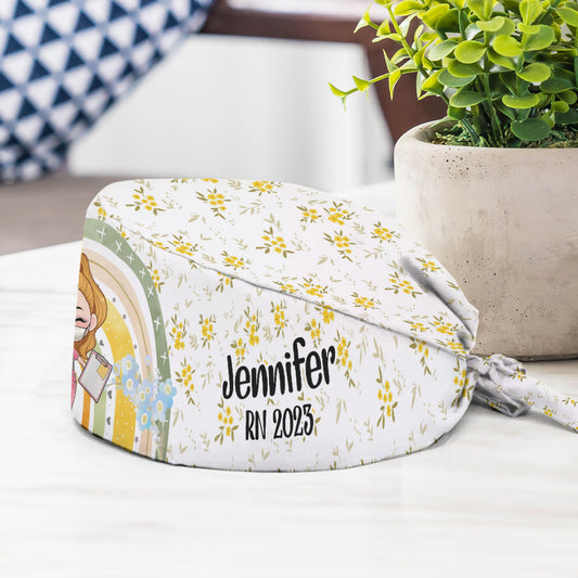 Bonnet de bloc opératoire personnalisé à motif floral arc-en-ciel