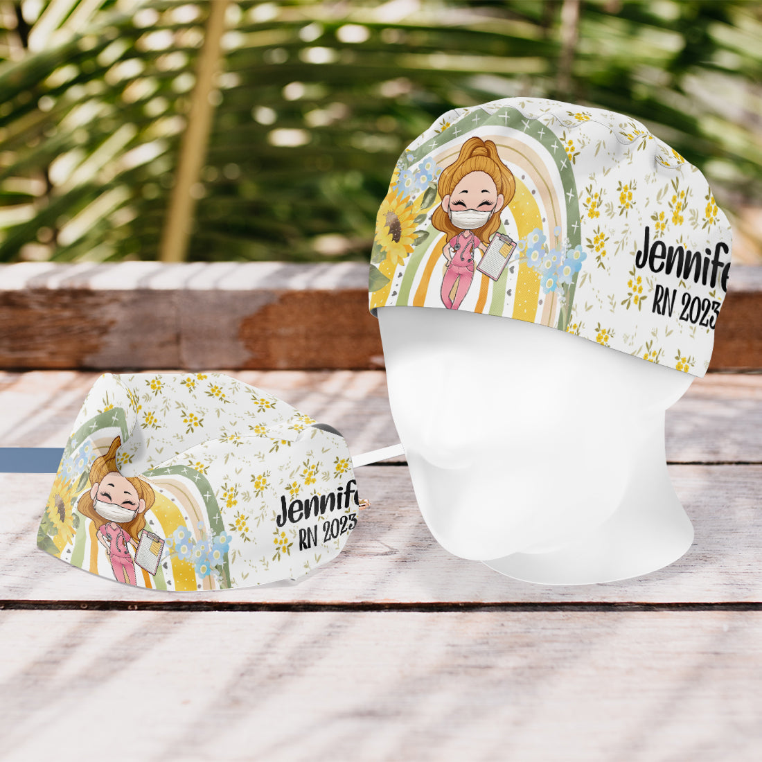 Bonnet de bloc opératoire personnalisé à motif floral arc-en-ciel