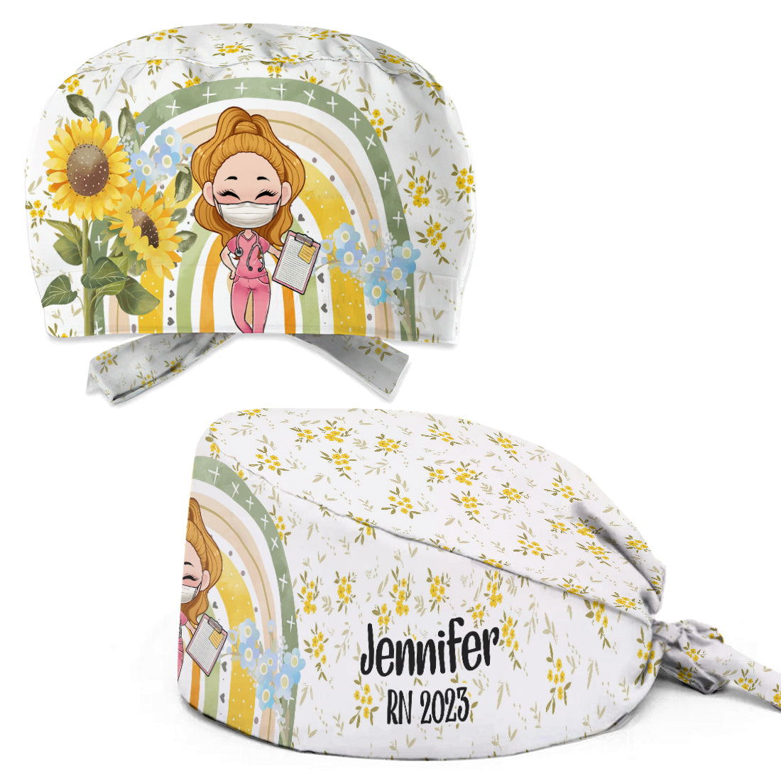 Bonnet de bloc opératoire personnalisé à motif floral arc-en-ciel