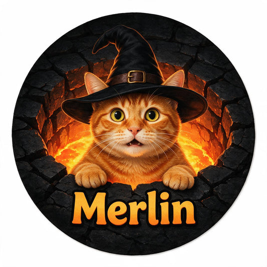 Tapis de porte rond personnalisé pour Halloween avec chat orange sorcière | Cadeau pour maman chat