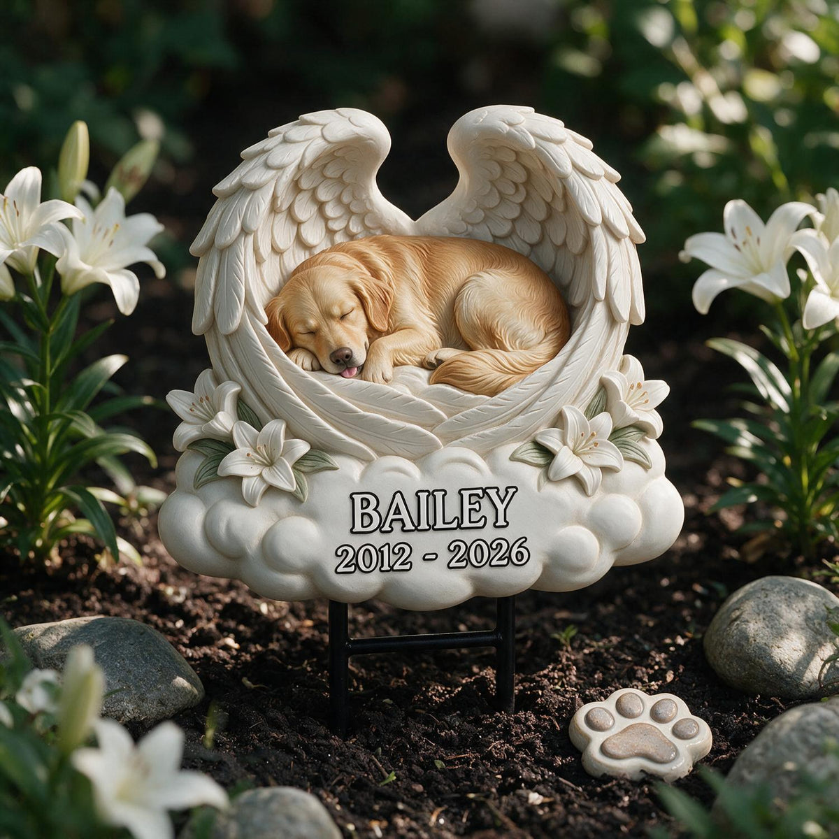 Personalized Sleeping Golden Retriever Angel Wings Memorial Yard Sign, Pet Sympathy Garden Gift