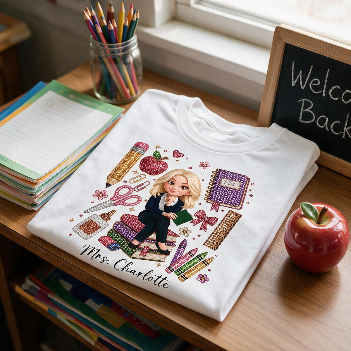 Personalized Blonde Teacher Faux Rhinestone School Supplies Shirt – Custom Name Back To School Gift For Teacher