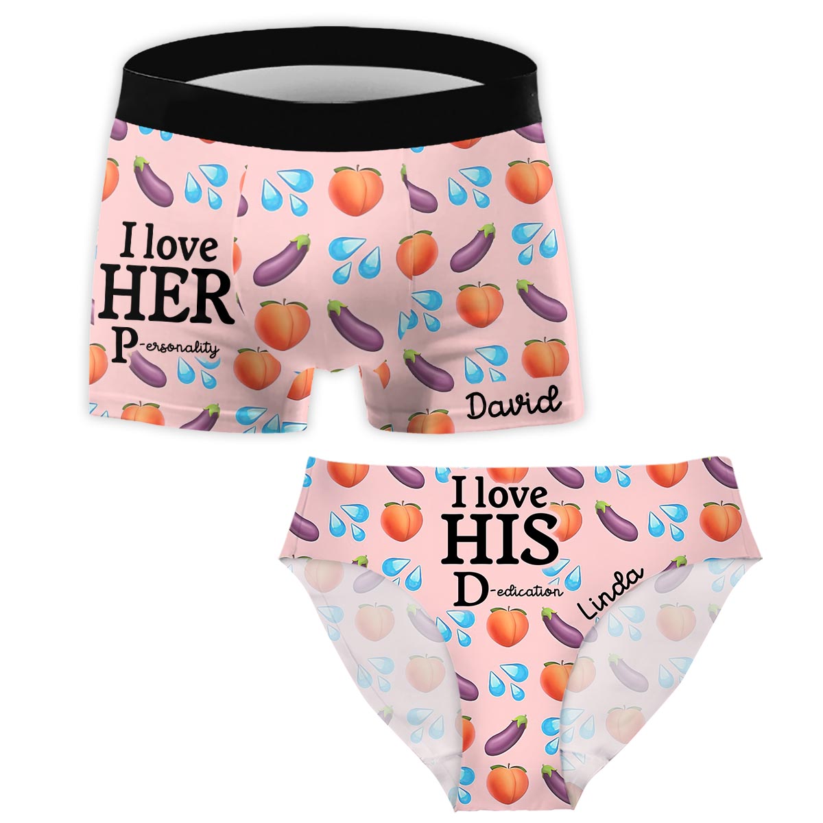 I Love Her P, I Love His D - Personalized Couple Women Briefs & Men Boxer Briefs
