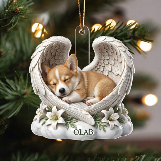 Ornement Acrylique Personnalisé Corgi Endormi avec Ailes d'Ange - Cadeau Mémorial pour Amoureux des Chiens