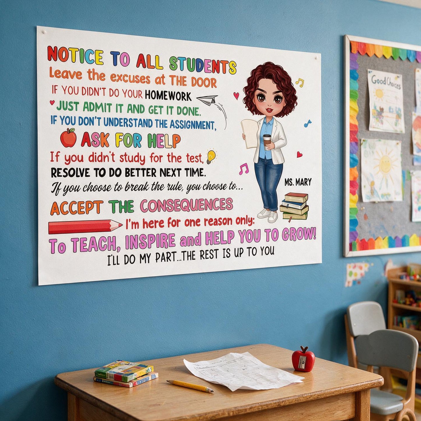 Personalized Notice To All Students Horizontal Poster, Doll Style Teacher Classroom Rules Wall Decor, Back To School Teacher Gift