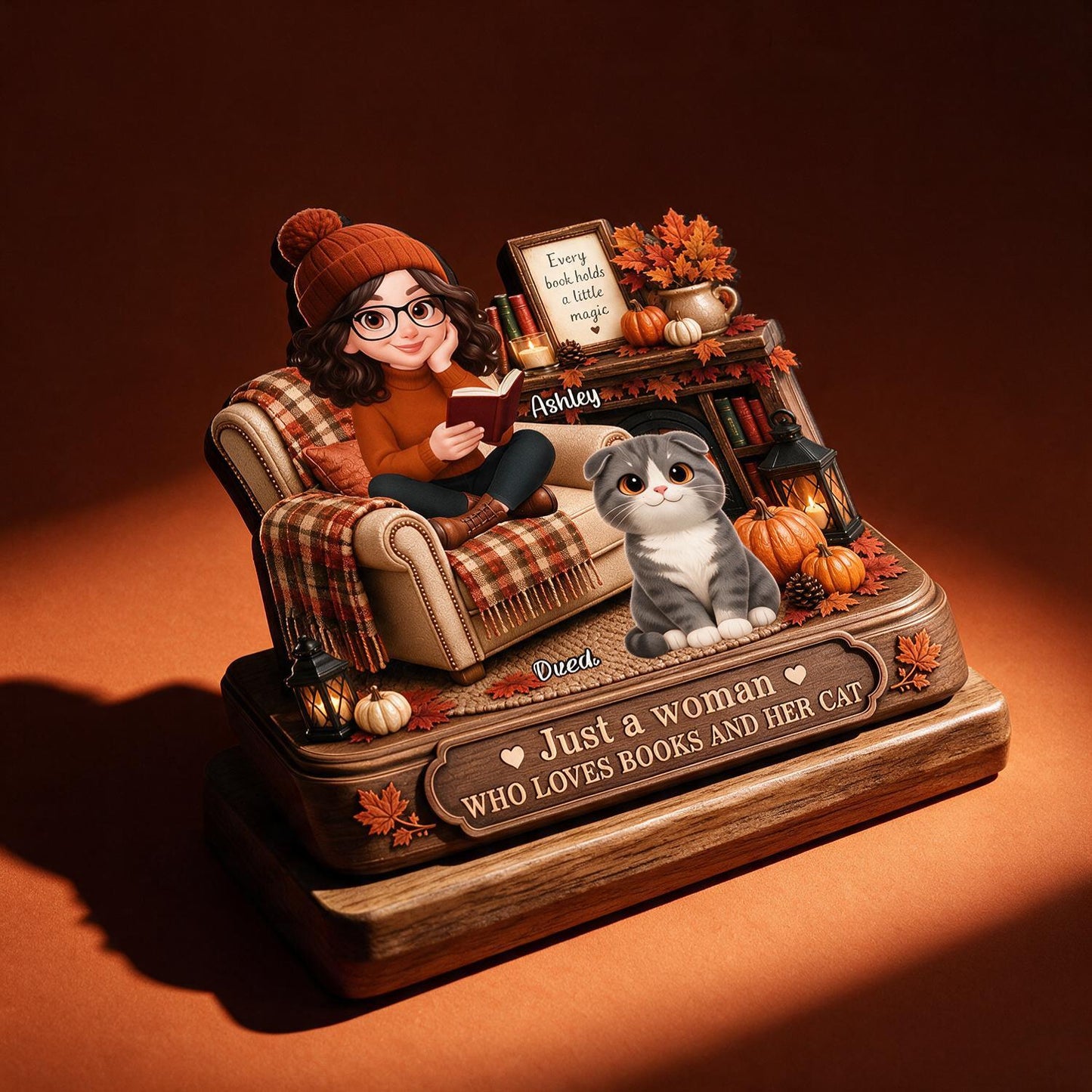 Automne Juste une Femme Qui Aime les Livres et Son Chat Plaque en Bois Personnalisée à 2 Couches - Cadeau Automnal pour Amateurs de Livres