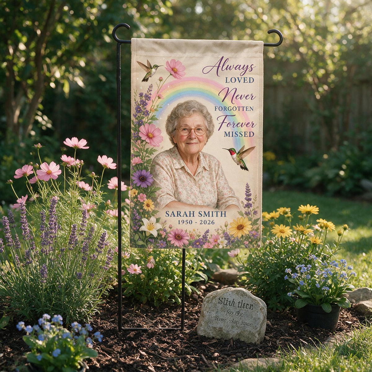 Personalized Hummingbird Rainbow Memorial Garden Flag - Custom Photo Sympathy Gift Remembrance Keepsake