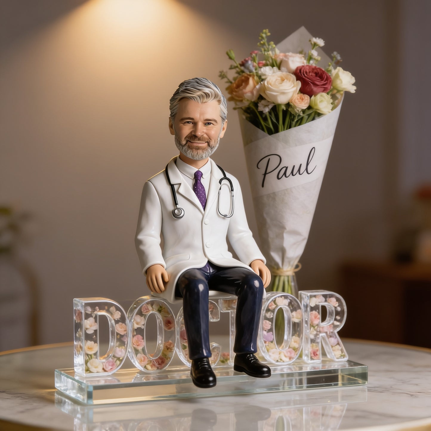 Personalized Old Male Doctor Figurine Statue - Custom Physician Nameplate Keepsake - Luxury Floral Desk Ornament Gift