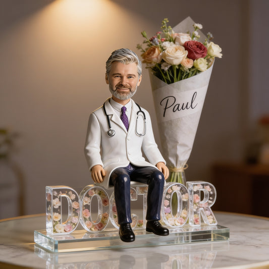 Personalized Old Male Doctor Figurine Statue - Custom Physician Nameplate Keepsake - Luxury Floral Desk Ornament Gift