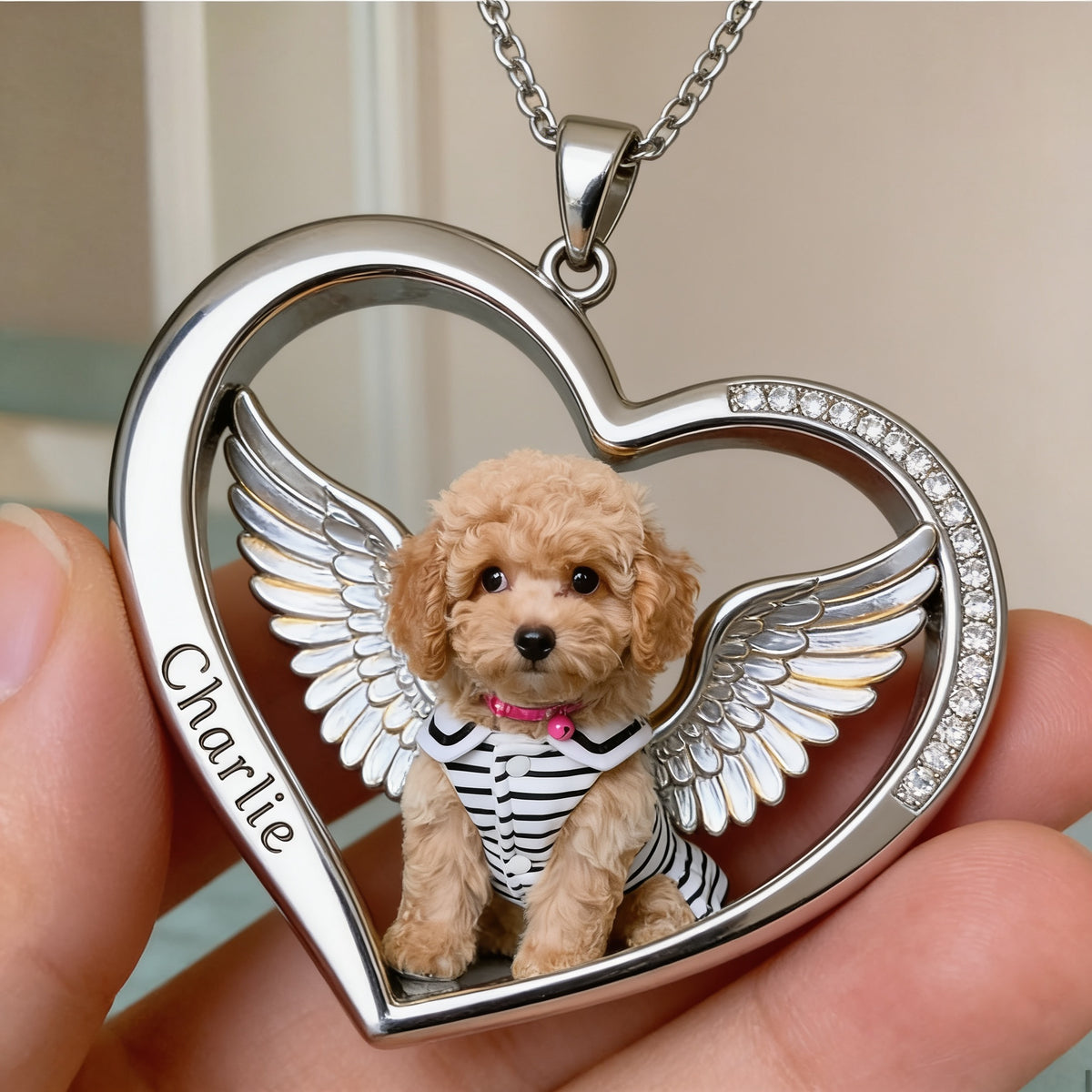 Collier en cœur avec ailes d'ange pour chiot caniche, bijou commémoratif personnalisé pour les amoureux des chiens