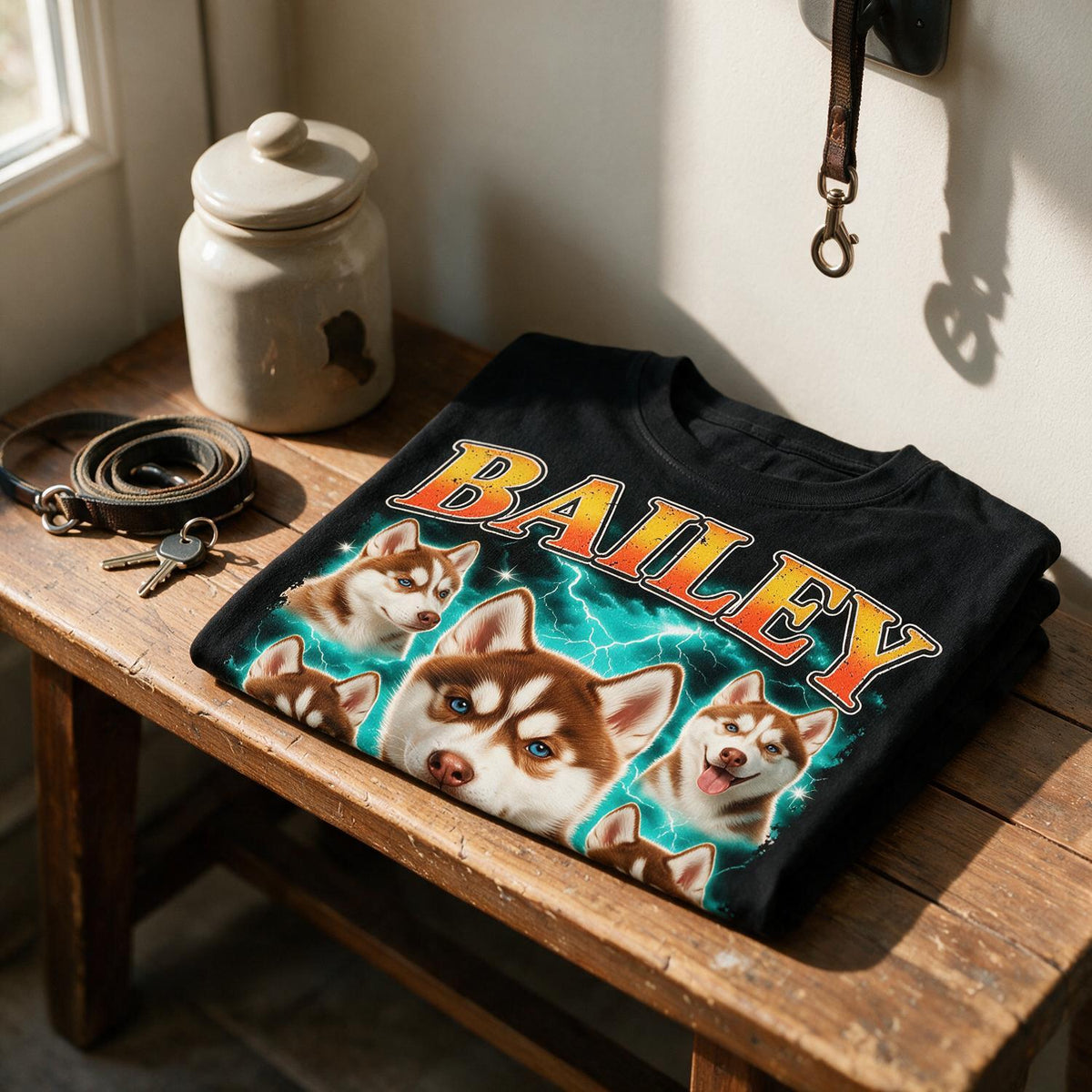 Custom Photo Red Husky Vintage 90s Rap Bootleg T-Shirt, Retro Dog Lover Gift Tee