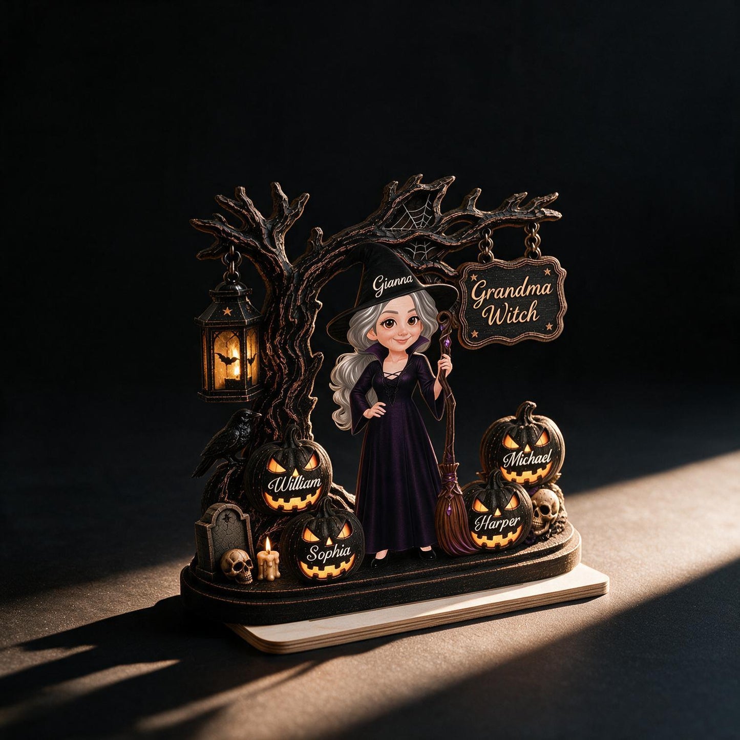 Personalized Grandma Witch Halloween Wooden Plaque With Grandkids Jack-O'-Lanterns - Custom Spooky Gift For Grandma