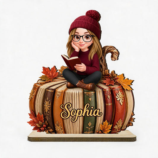Personalized Fall Girl Reading Pumpkin Books 2-Layer Wooden Plaque - Book Lover Daughter Autumn Gift Home Decor