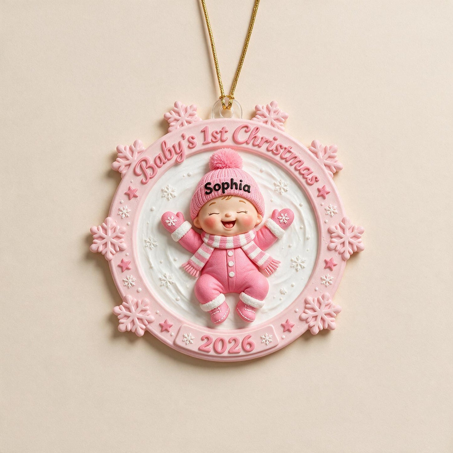 Baby's First Christmas Personalized Pink Snow Angel Acrylic Ornament - Custom Name & Year New Parent Gift