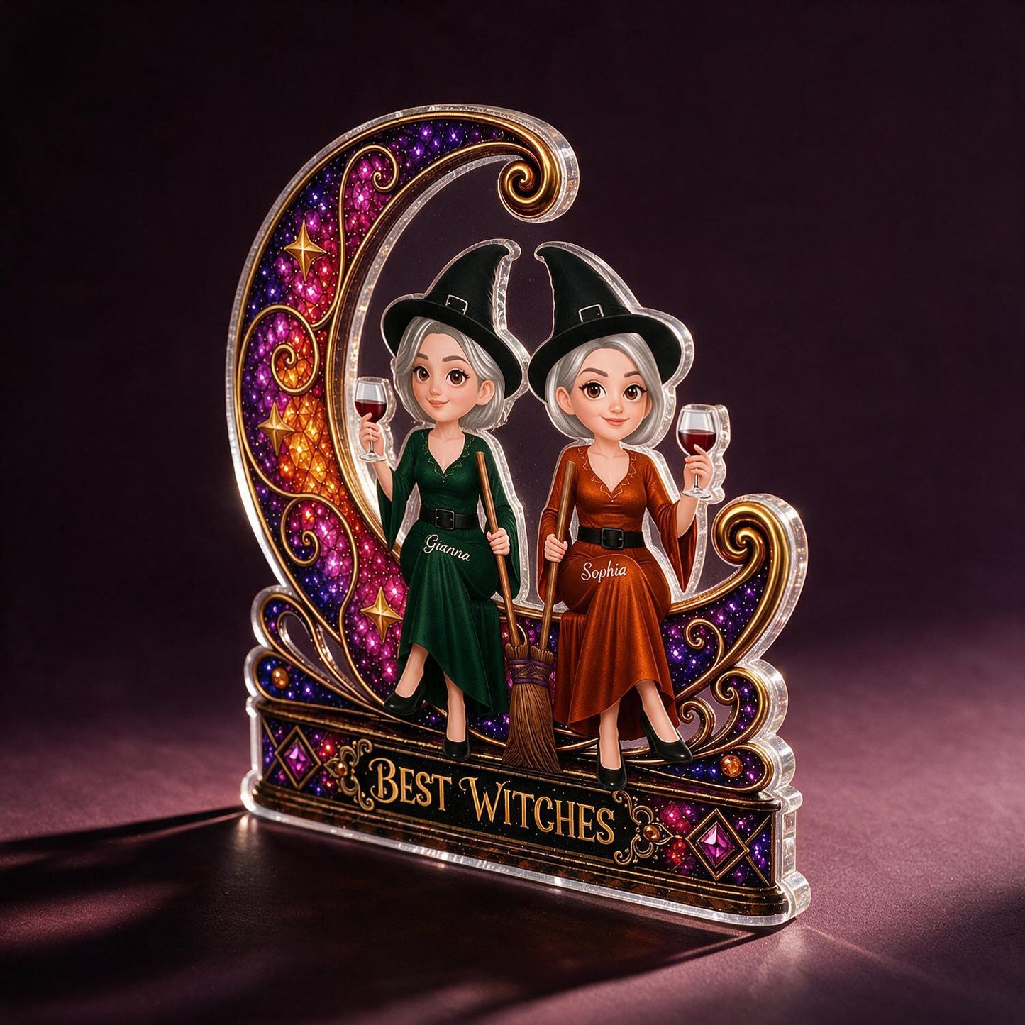 Personalized Best Witches On Sparkle Moon Acrylic Block, Halloween Best Friend Decor Gift